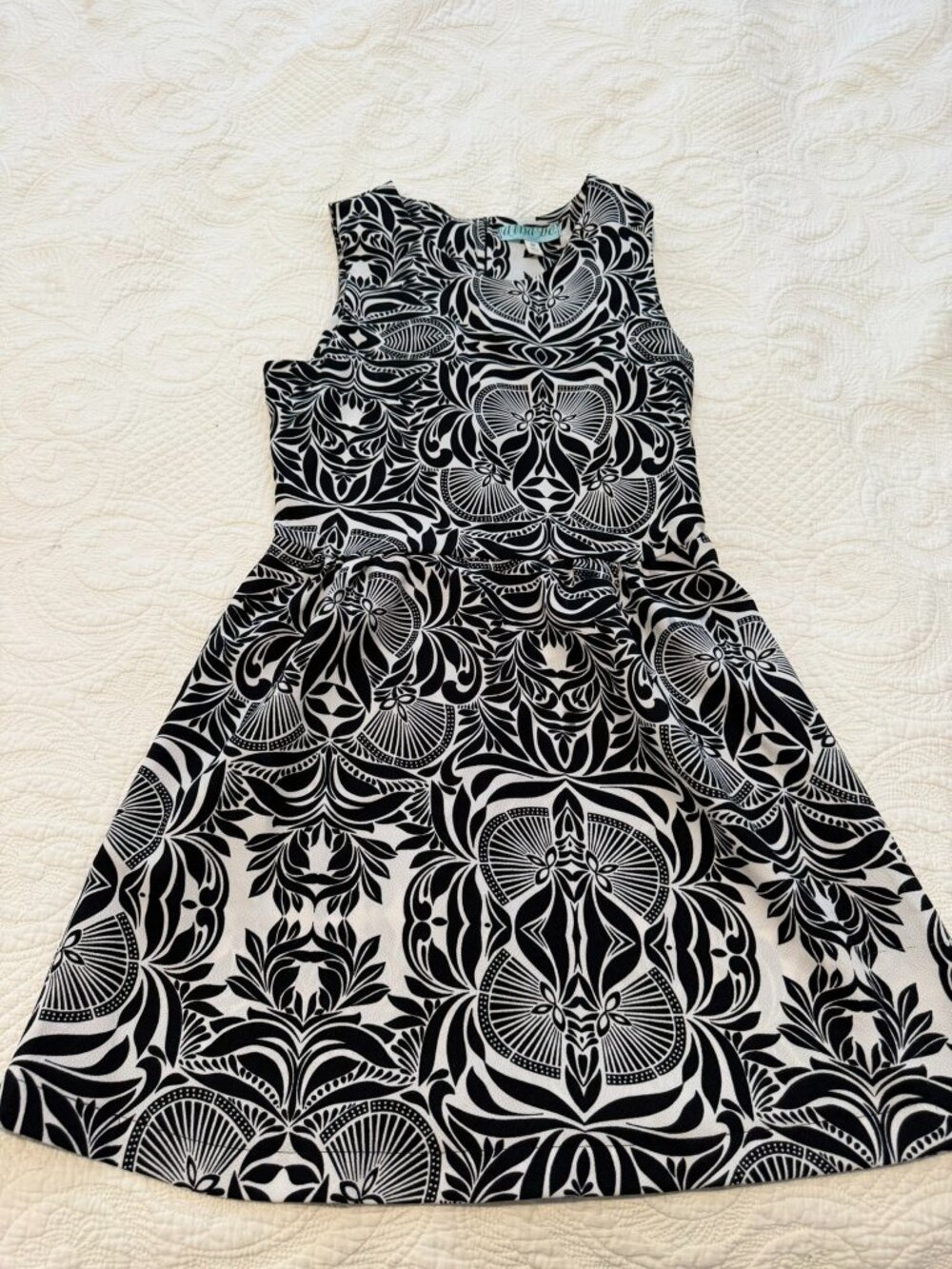 Anna Be Black White Damask Floral Flared Mini Dress Geometric Boutique Women's M